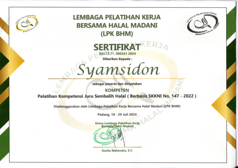 Juru sembelih berlisensi BNSP (Badan Nasional Sertifikasi Profesi).  Kemampuan tim penyembelih sudah diakui penguji profesional, dijamin mutu kompetensi dan diakui oleh pemerintah Indonesia.