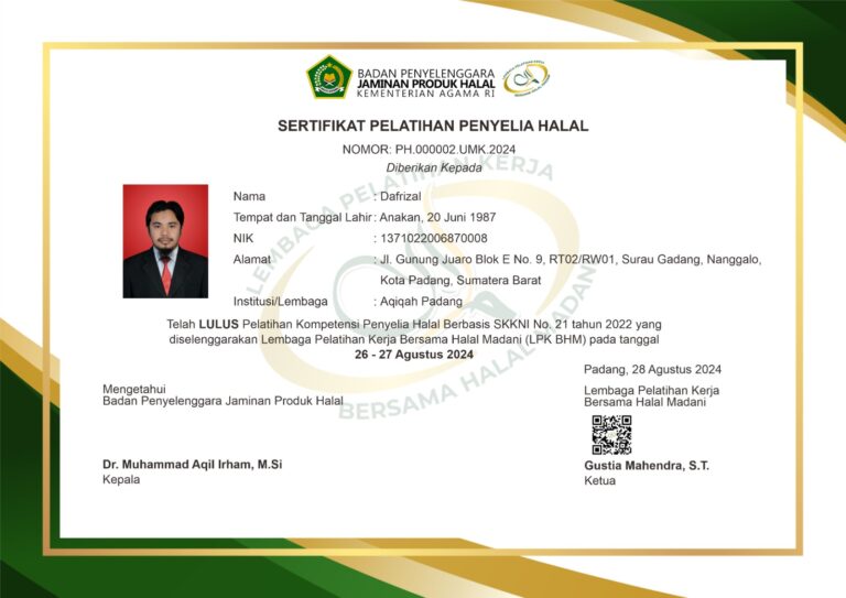 Aqiqah Padang memiliki Penyelia Halal merupakan penanggung jawab utama di internal perusahaan untuk memastikan proses halal yang dilakukan pelaku usaha dalam melakukan proses produksinya.enyelia Halal yang